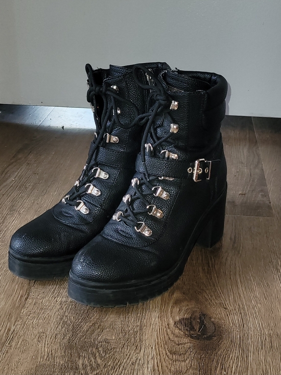 Guess Shoes - Guess Black Lace-Up Lug Heel Boots with Gold Hardware